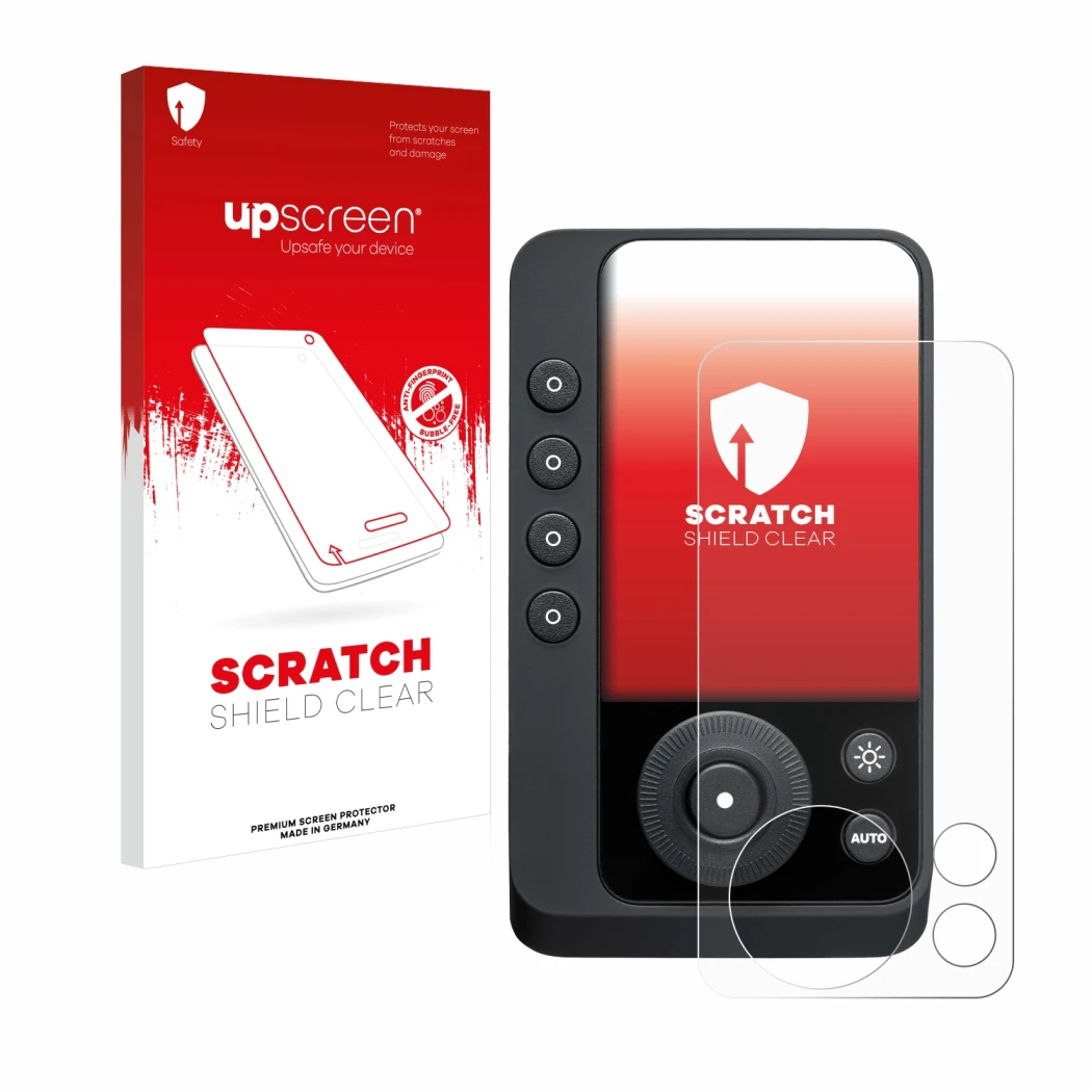 Parte frontal de un envase de producto con el logotipo de la marca upscreen. Al lado se muestra el dispositivo Profoto Connect