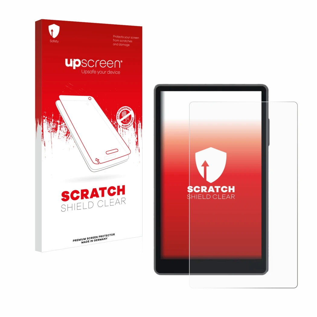 Parte frontal de un envase de producto con el logotipo de la marca upscreen. Al lado se muestra el dispositivo Keystone 3 Pro 