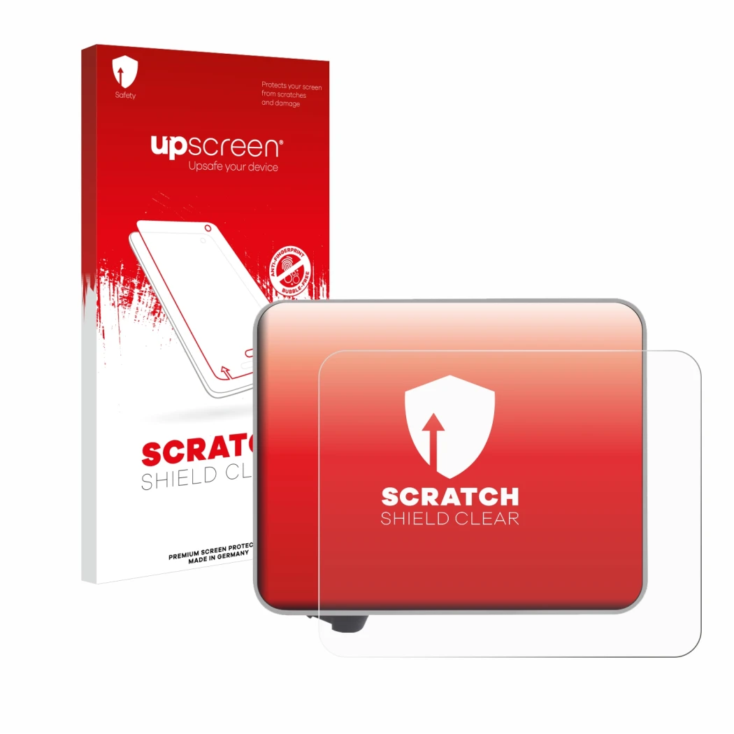 Parte frontal de un envase de producto con el logotipo de la marca upscreen. Al lado se muestra el dispositivo Bambu Lab A1 3D