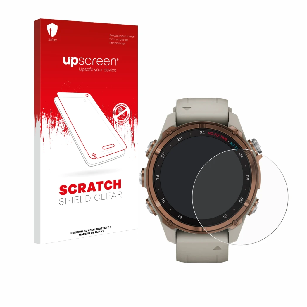 Parte frontal de un envase de producto con el logotipo de la marca upscreen. Al lado se muestra el dispositivo Garmin Descent 