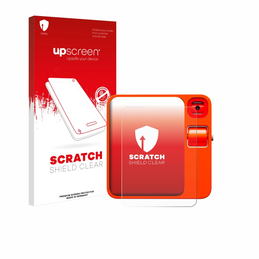 Parte frontal de un envase de producto con el logotipo de la marca upscreen. Al lado se muestra el dispositivo rabbit r1 con s