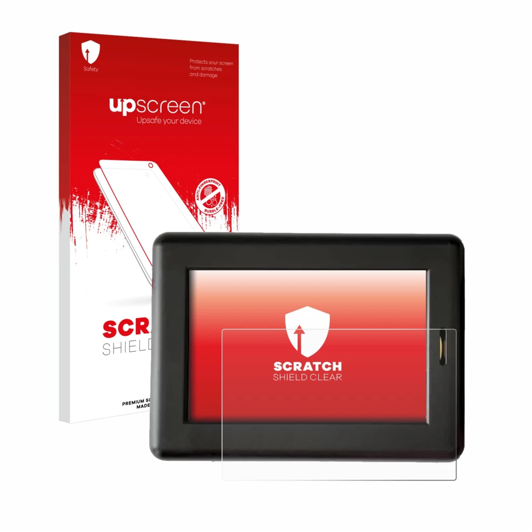 Parte frontal de un envase de producto con el logotipo de la marca upscreen. Al lado se muestra el dispositivo XC Tracer Maxx 