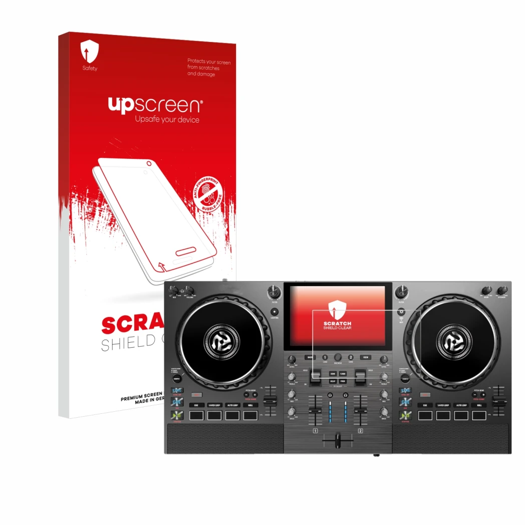 Parte frontal de un envase de producto con el logotipo de la marca upscreen. Al lado se muestra el dispositivo Numark Mixstrea
