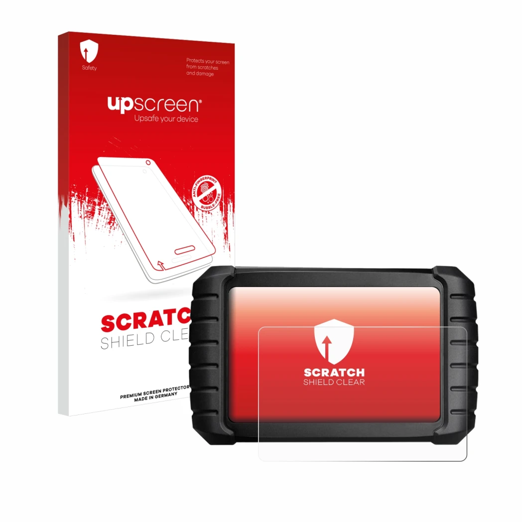 Parte frontal de un envase de producto con el logotipo de la marca upscreen. Al lado se muestra el dispositivo iCarsoft CR Max