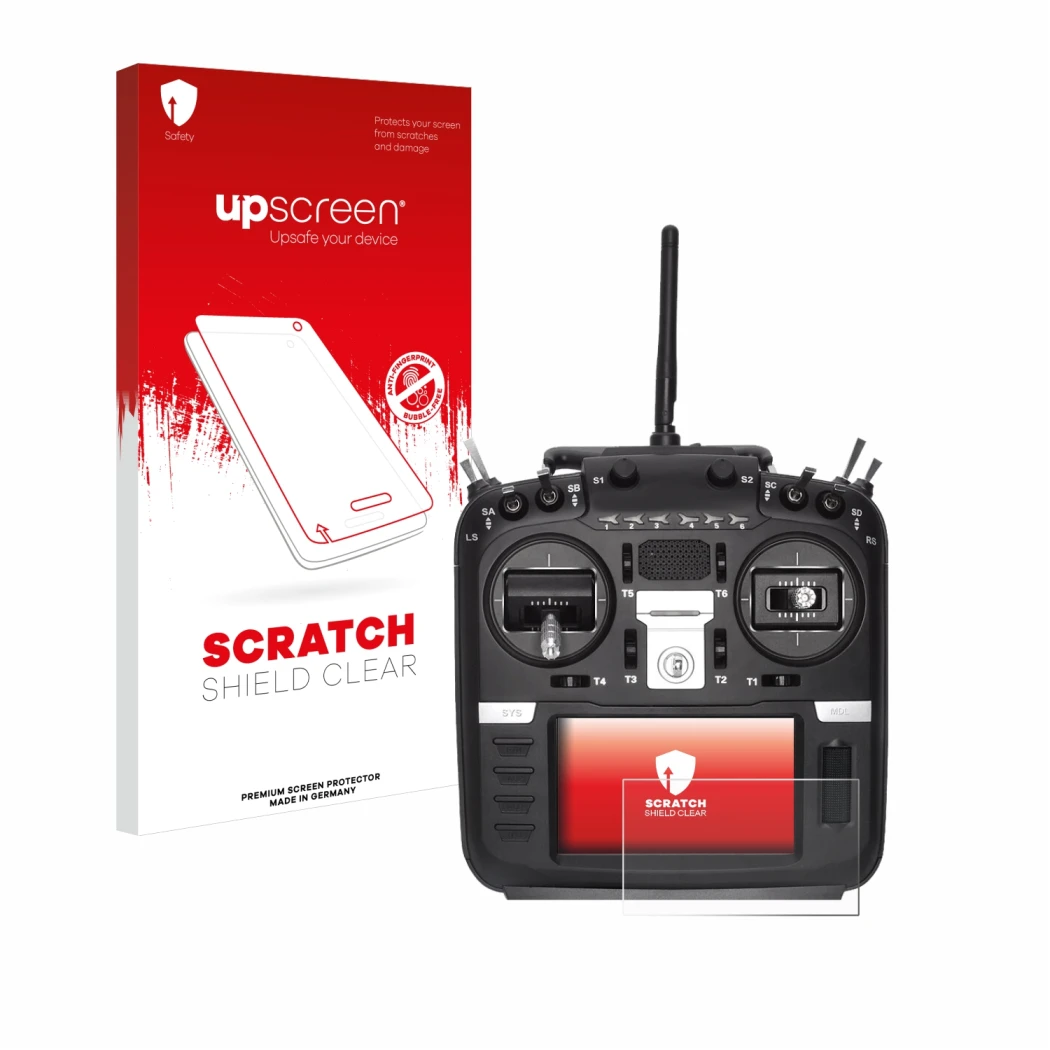 Parte frontal de un envase de producto con el logotipo de la marca upscreen. Al lado se muestra el dispositivo Radiomaster TX1