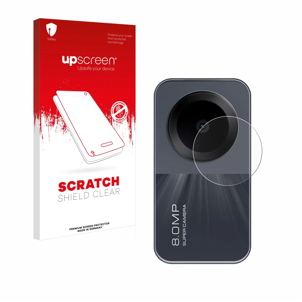 Parte frontal de un envase de producto con el logotipo de la marca upscreen. Al lado se muestra el dispositivo Xiaomi Redmi Pa