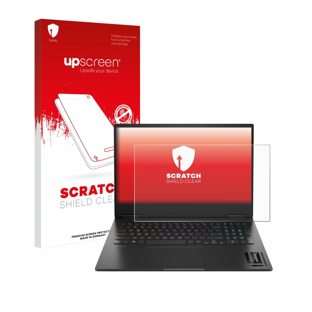 Parte frontal de un envase de producto con el logotipo de la marca upscreen. Al lado se muestra el dispositivo HP Omen 16 2024