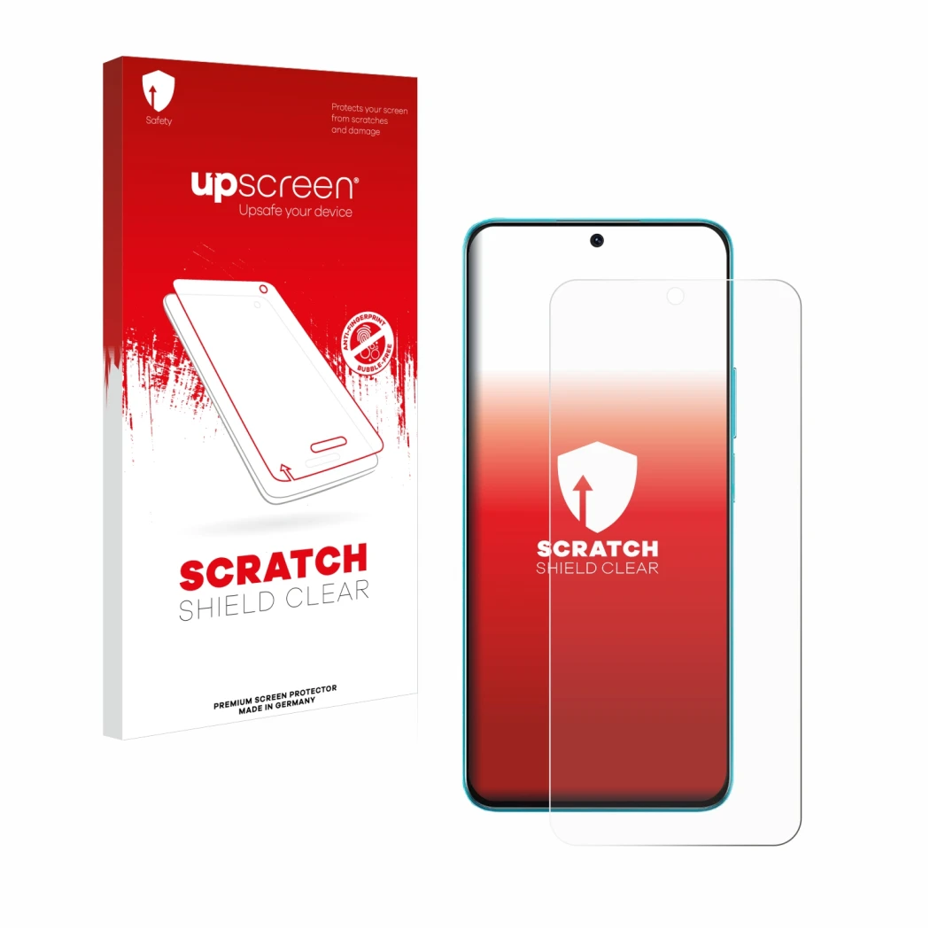 Parte frontal de un envase de producto con el logotipo de la marca upscreen. Al lado se muestra el dispositivo Honor X8A con s