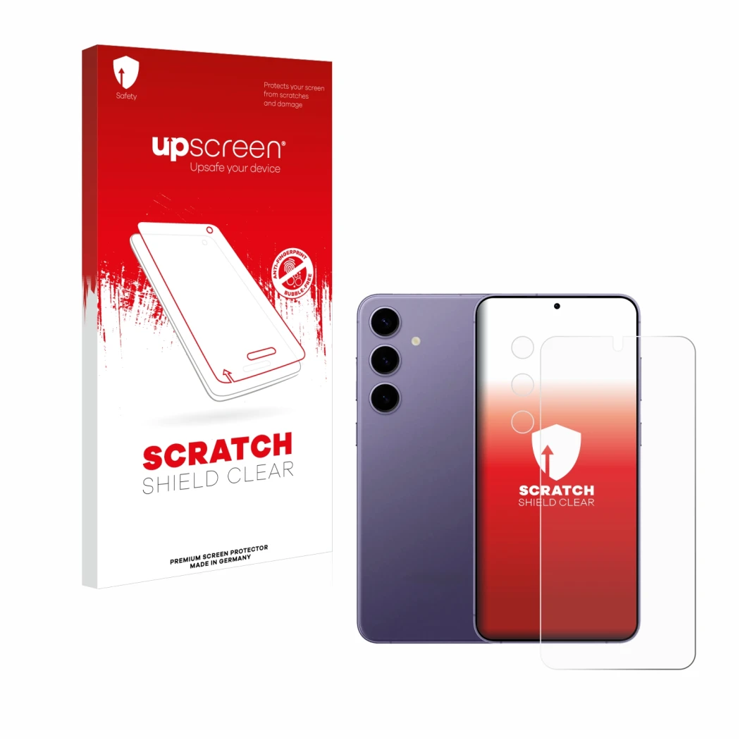 Parte frontal de un envase de producto con el logotipo de la marca upscreen. Al lado se muestra el dispositivo Samsung Galaxy