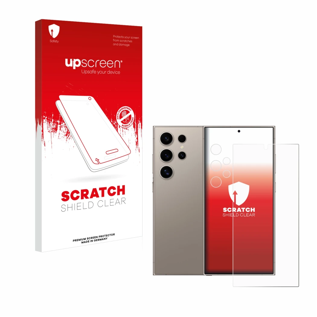 Parte frontal de un envase de producto con el logotipo de la marca upscreen. Al lado se muestra el dispositivo Samsung Galaxy