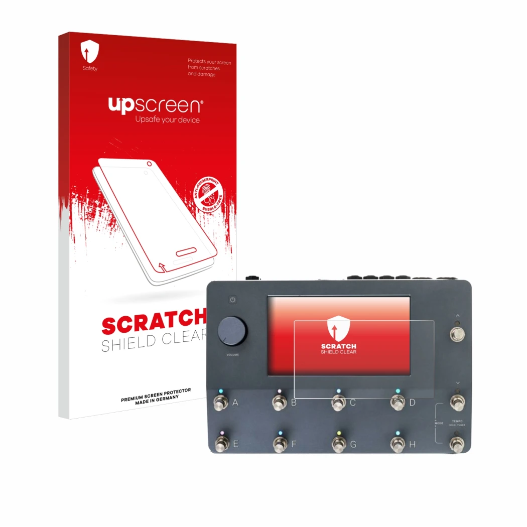 Parte frontal de un envase de producto con el logotipo de la marca upscreen. Al lado se muestra el dispositivo Neural DSP Quad