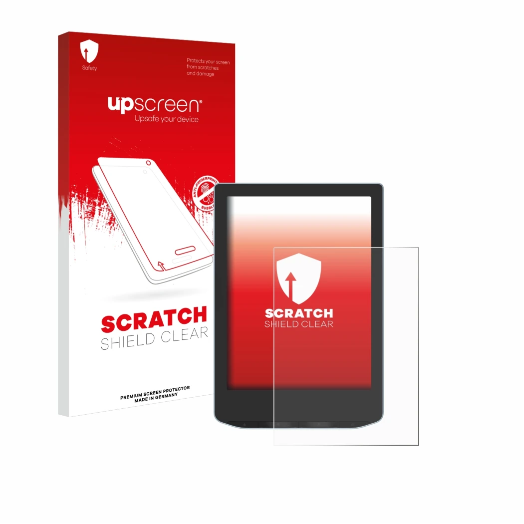 Parte frontal de un envase de producto con el logotipo de la marca upscreen. Al lado se muestra el dispositivo Vivlio Light co