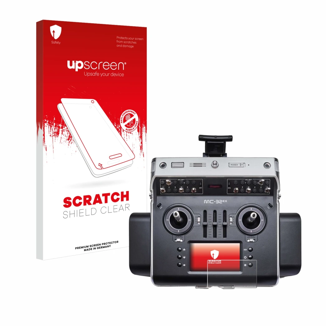 Parte frontal de un envase de producto con el logotipo de la marca upscreen. Al lado se muestra el dispositivo Graupner MC-32e