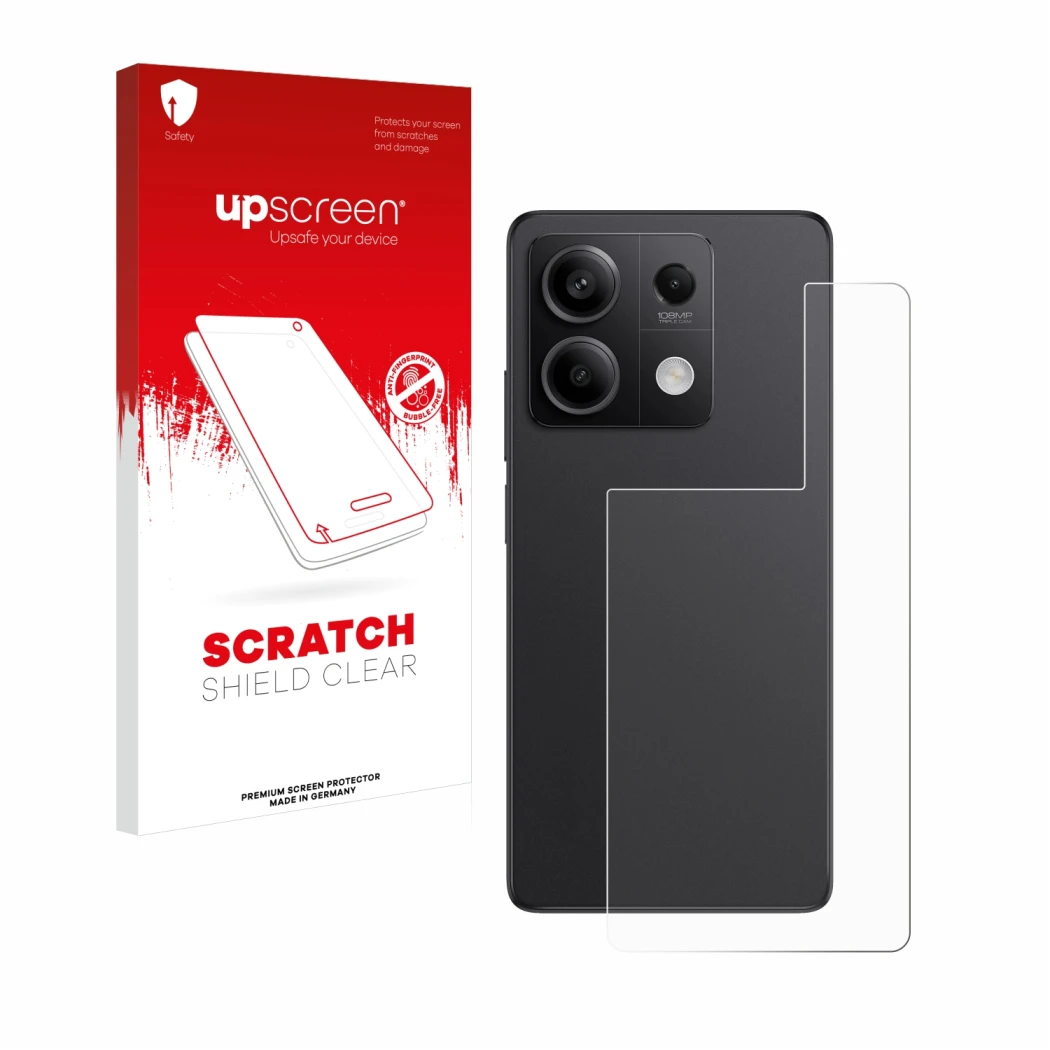 Parte frontal de un envase de producto con el logotipo de la marca upscreen. Al lado se muestra el dispositivo Xiaomi Redmi No