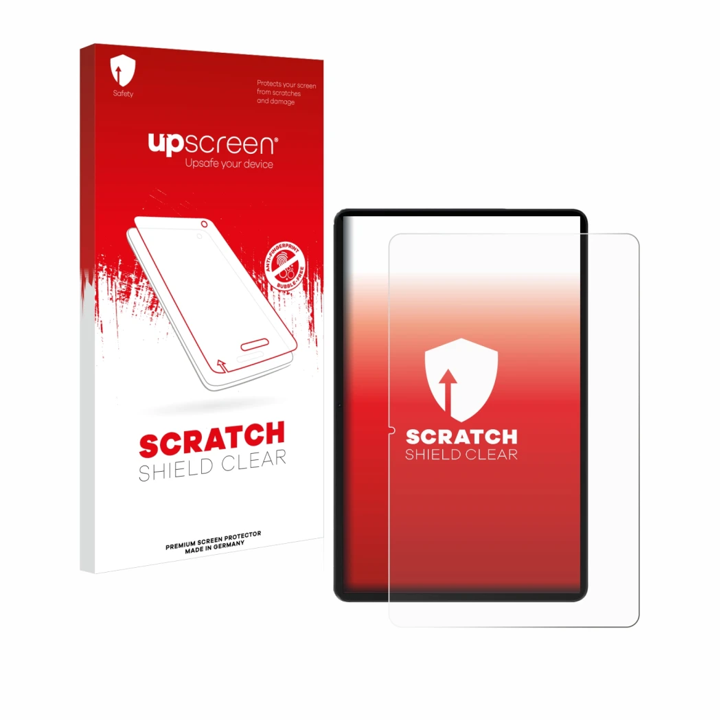 Parte frontal de un envase de producto con el logotipo de la marca upscreen. Al lado se muestra el dispositivo Honor Pad 9 con