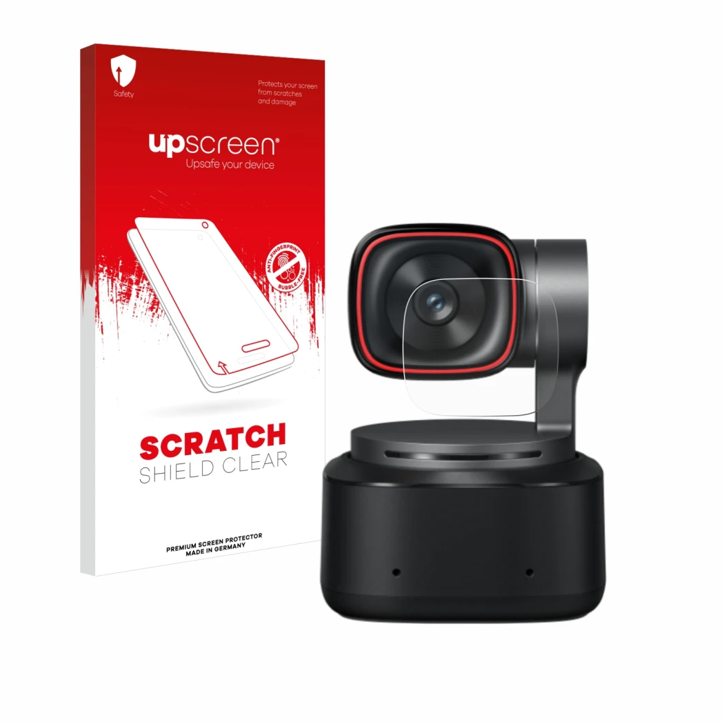 Parte frontal de un envase de producto con el logotipo de la marca upscreen. Al lado se muestra el dispositivo OBSBOT Tiny 2 c