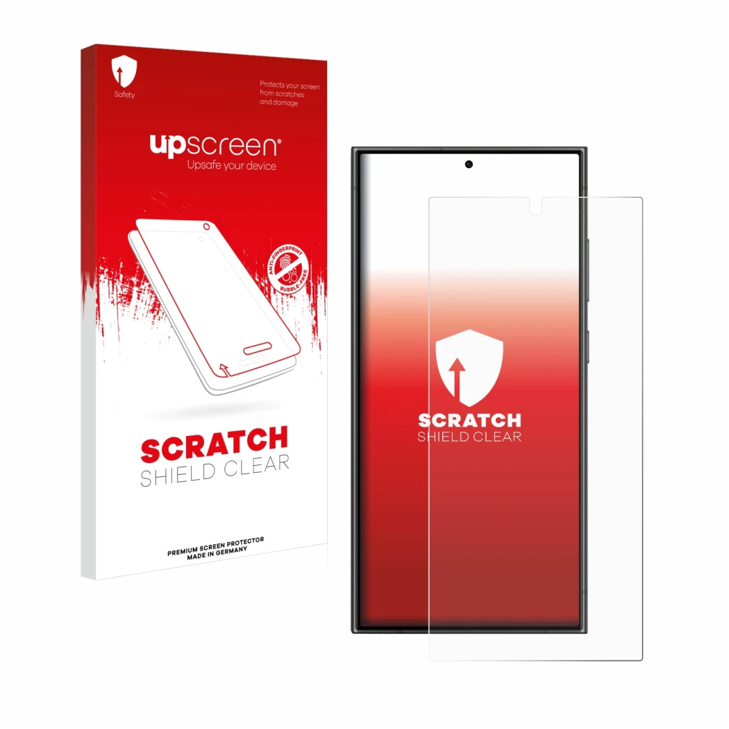 Parte frontal de un envase de producto con el logotipo de la marca upscreen. Al lado se muestra el dispositivo Samsung Galaxy 