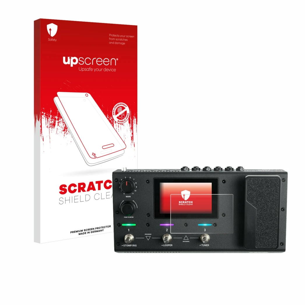 Parte frontal de un envase de producto con el logotipo de la marca upscreen. Al lado se muestra el dispositivo Headrush MX5 co