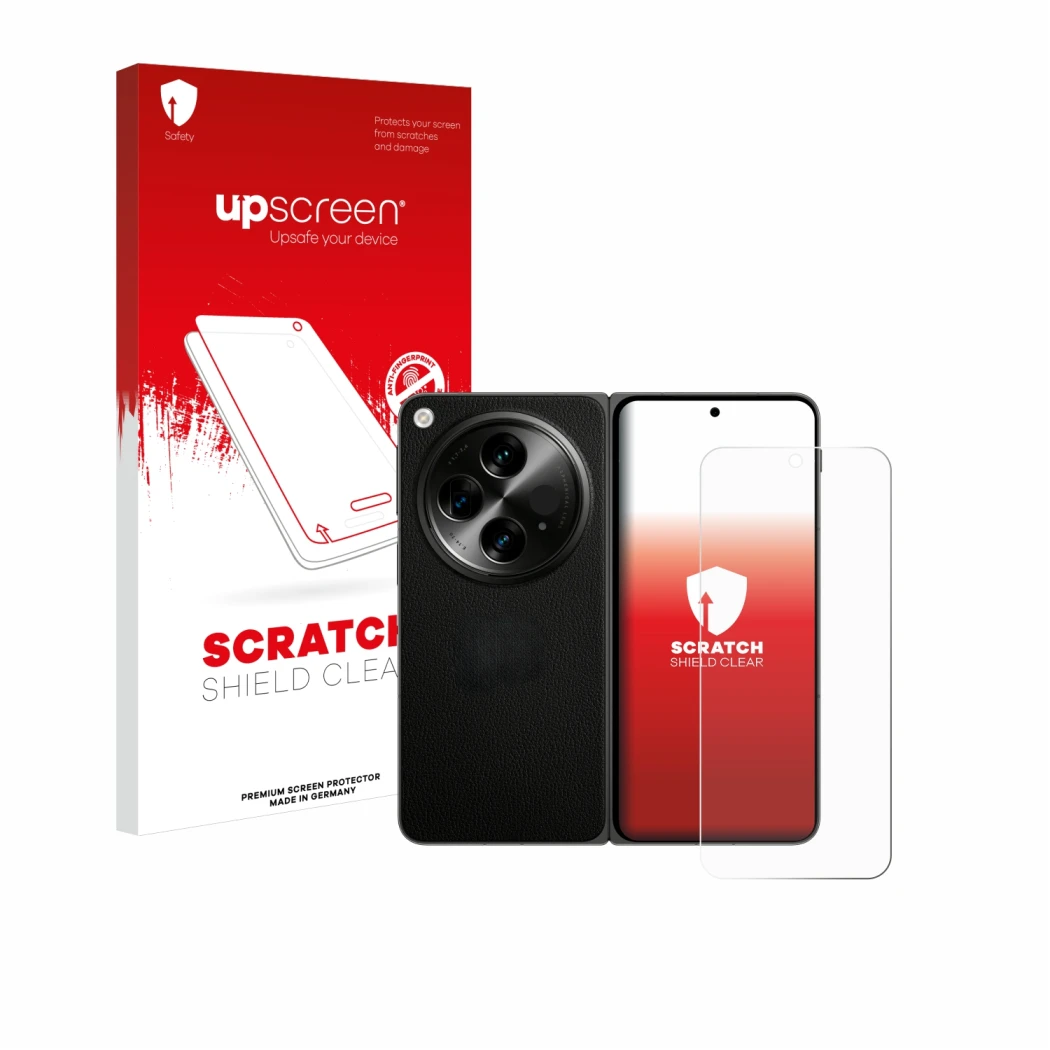 Parte frontal de un envase de producto con el logotipo de la marca upscreen. Al lado se muestra el dispositivo OnePlus Open (c