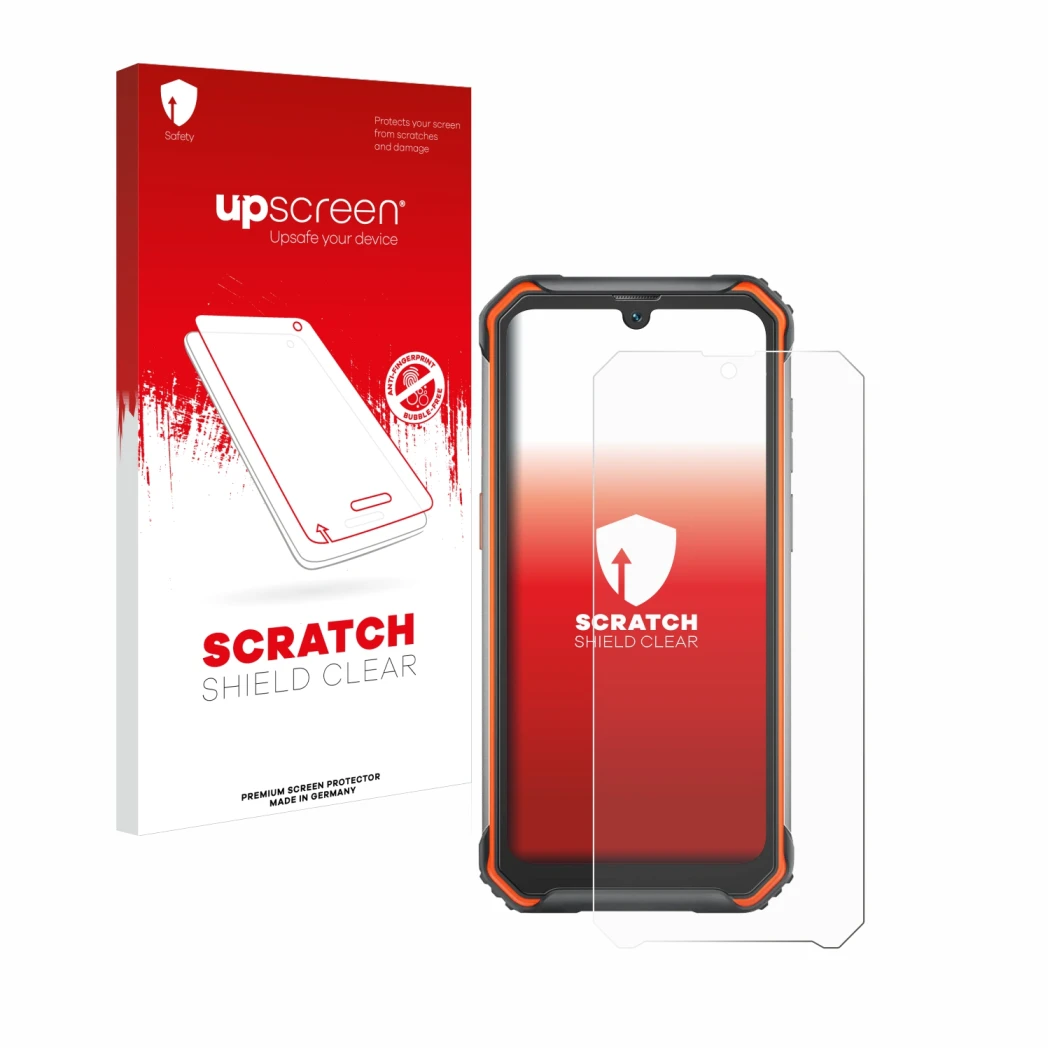 Parte frontal de un envase de producto con el logotipo de la marca upscreen. Al lado se muestra el dispositivo Blackview BV720