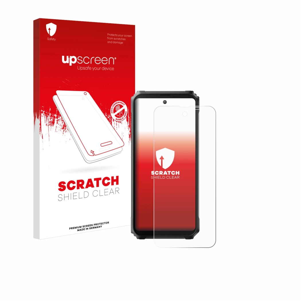 Parte frontal de un envase de producto con el logotipo de la marca upscreen. Al lado se muestra el dispositivo Blackview BL800