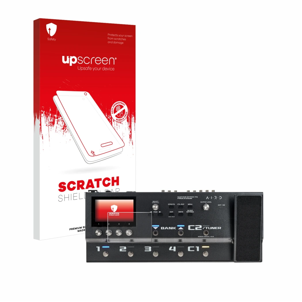Parte frontal de un envase de producto con el logotipo de la marca upscreen. Al lado se muestra el dispositivo Boss GX-100 con
