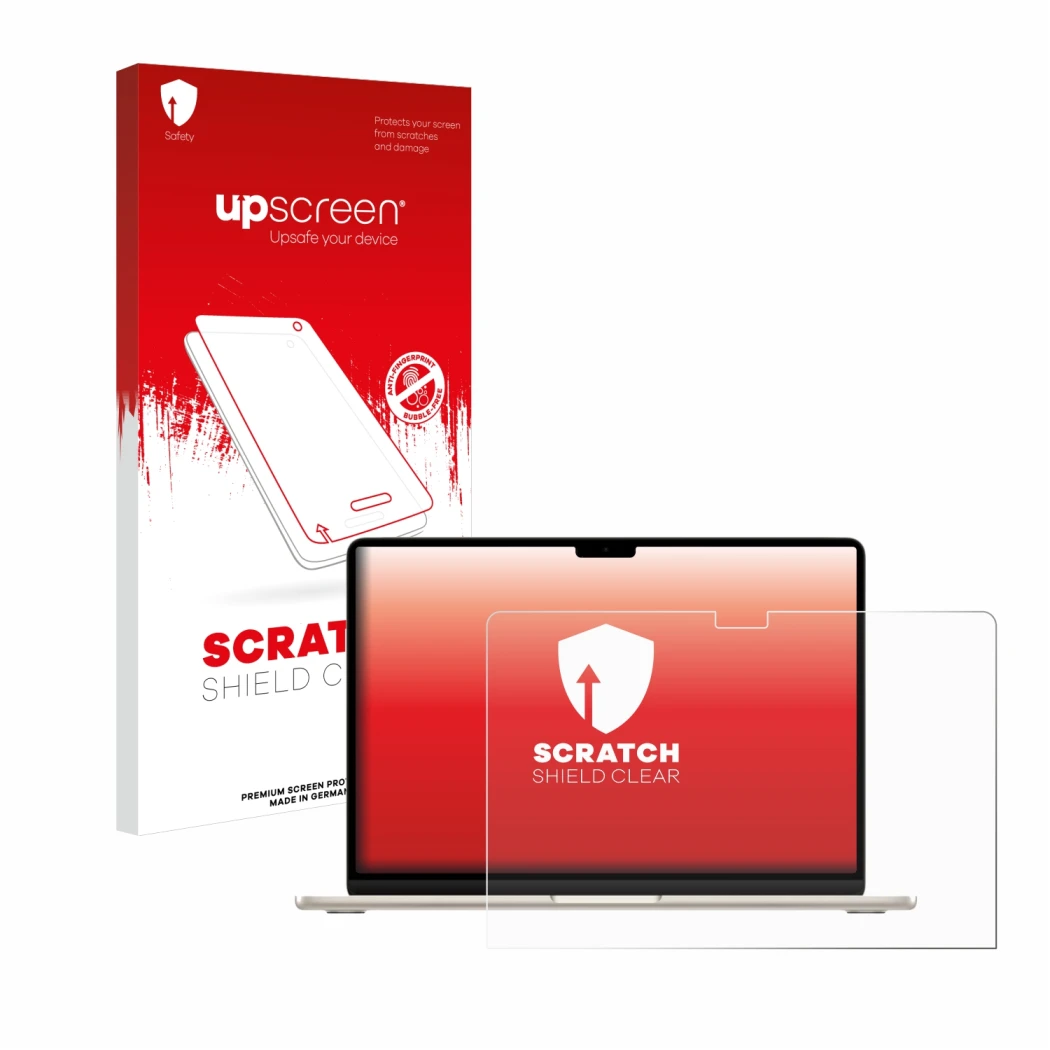 Parte frontal de un envase de producto con el logotipo de la marca upscreen. Al lado se muestra el dispositivo Apple MacBook A