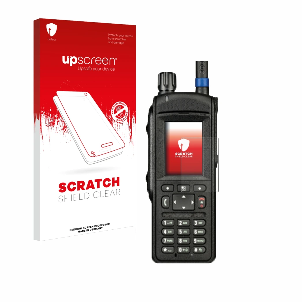 Parte frontal de un envase de producto con el logotipo de la marca upscreen. Al lado se muestra el dispositivo Motorola MTP665