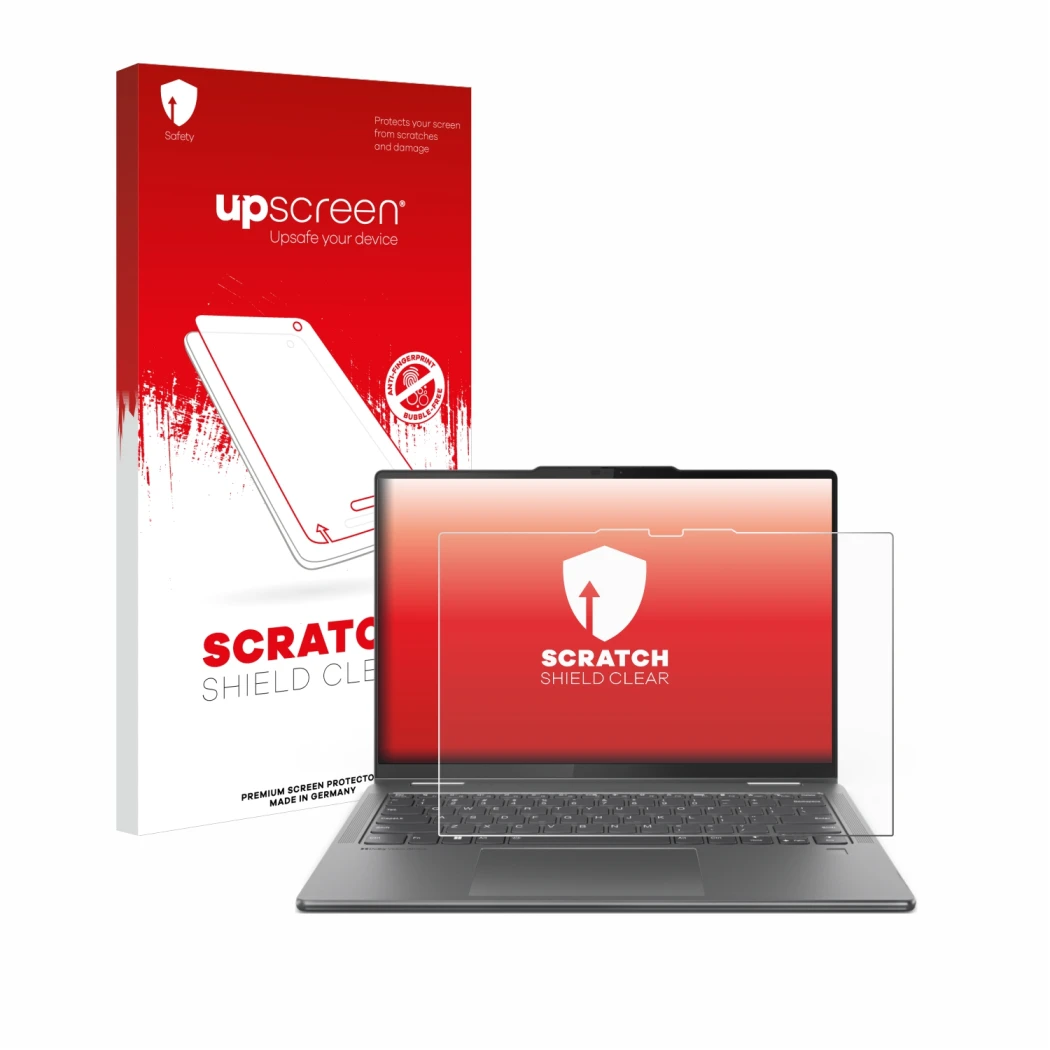 Parte frontal de un envase de producto con el logotipo de la marca upscreen. Al lado se muestra el dispositivo Lenovo Yoga 7 2