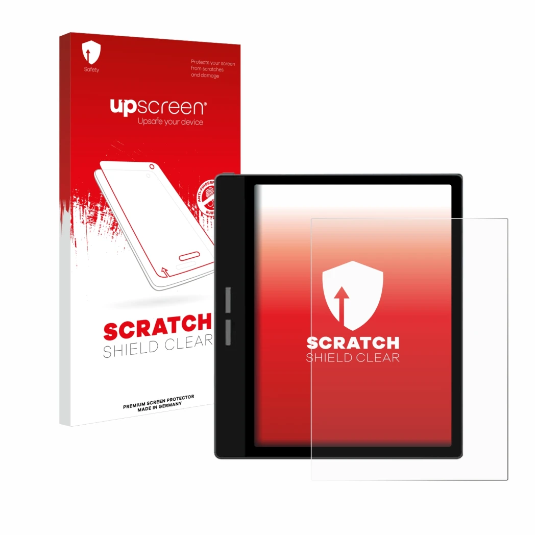 Parte frontal de un envase de producto con el logotipo de la marca upscreen. Al lado se muestra el dispositivo Bigme B751C con