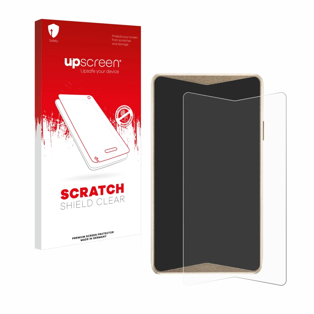 Parte frontal de un envase de producto con el logotipo de la marca upscreen. Al lado se muestra el dispositivo ELLIPAL Titan 2