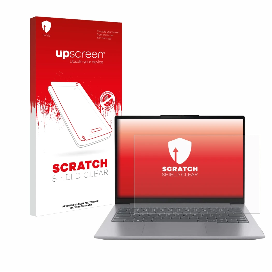 Parte frontal de un envase de producto con el logotipo de la marca upscreen. Al lado se muestra el dispositivo Lenovo ThinkBoo