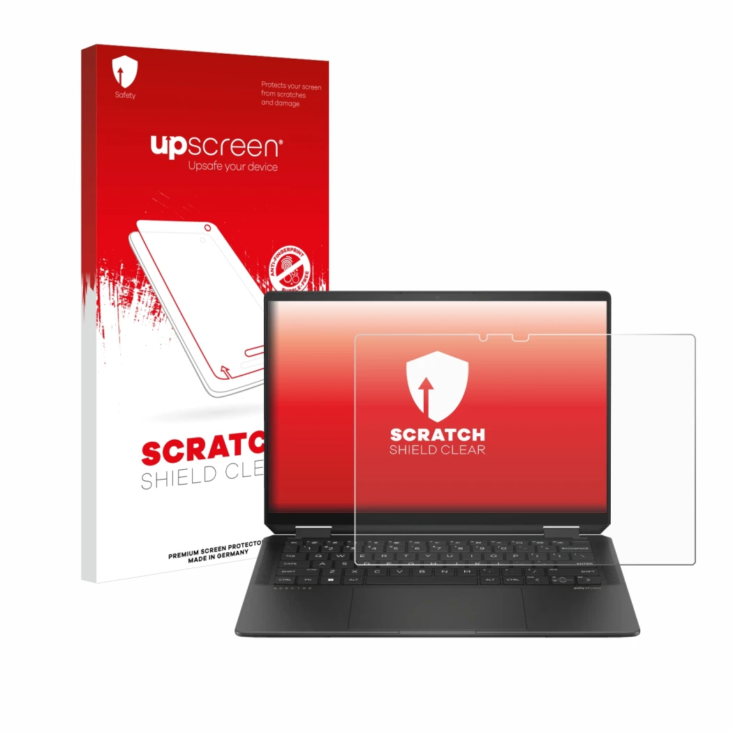 Parte frontal de un envase de producto con el logotipo de la marca upscreen. Al lado se muestra el dispositivo HP Spectre x360