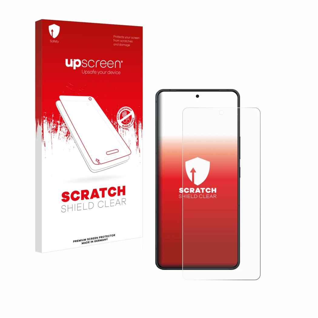 Parte frontal de un envase de producto con el logotipo de la marca upscreen. Al lado se muestra el dispositivo ASUS ZenFone 11