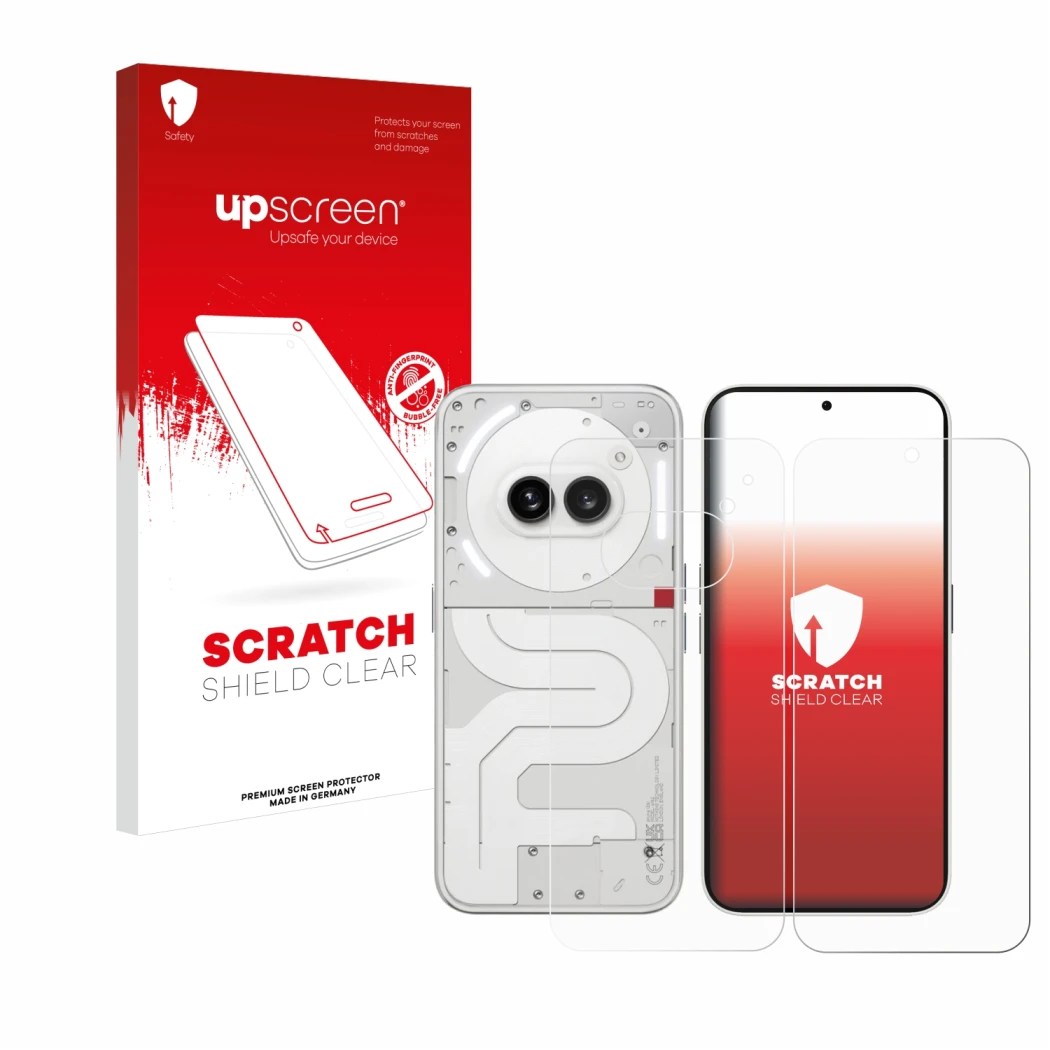 Parte frontal de un envase de producto con el logotipo de la marca upscreen. Al lado se muestra el dispositivo Nothing Phone (