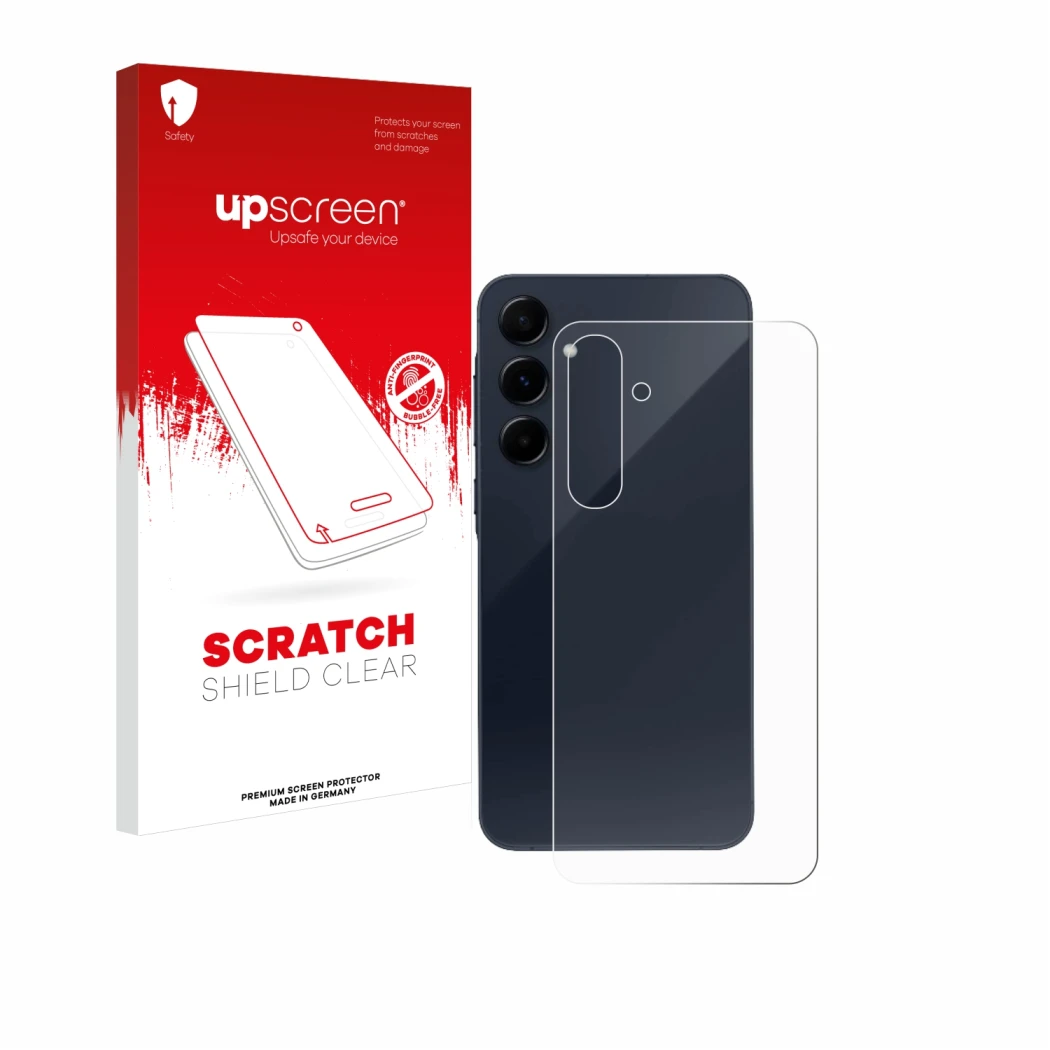 Parte frontal de un envase de producto con el logotipo de la marca upscreen. Al lado se muestra el dispositivo Samsung Galaxy 