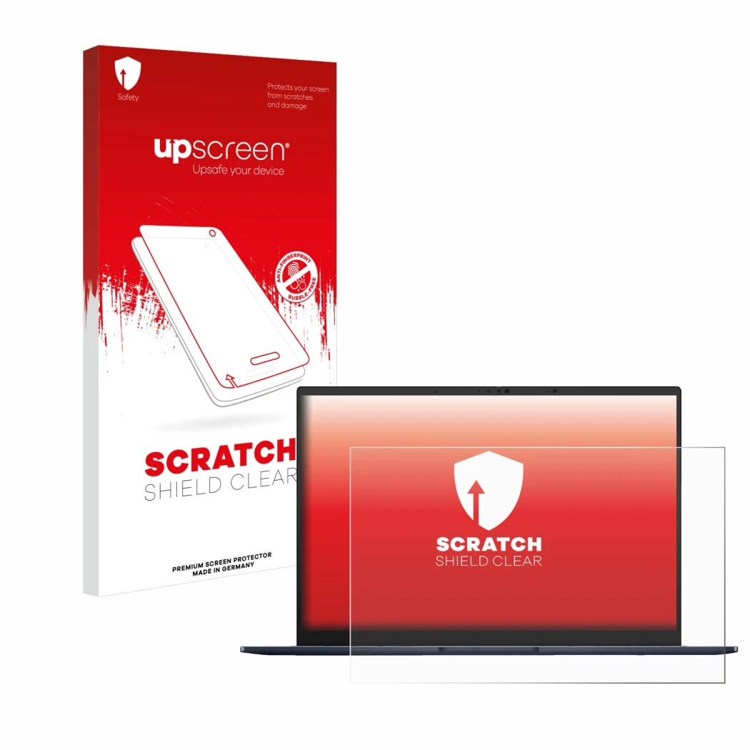 Parte frontal de un envase de producto con el logotipo de la marca upscreen. Al lado se muestra el dispositivo ASUS ZenBook 14
