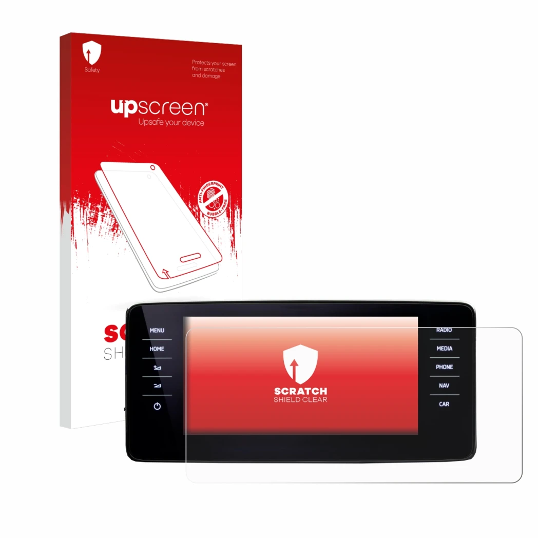 Parte frontal de un envase de producto con el logotipo de la marca upscreen. Al lado se muestra el dispositivo Skoda Kamiq 202