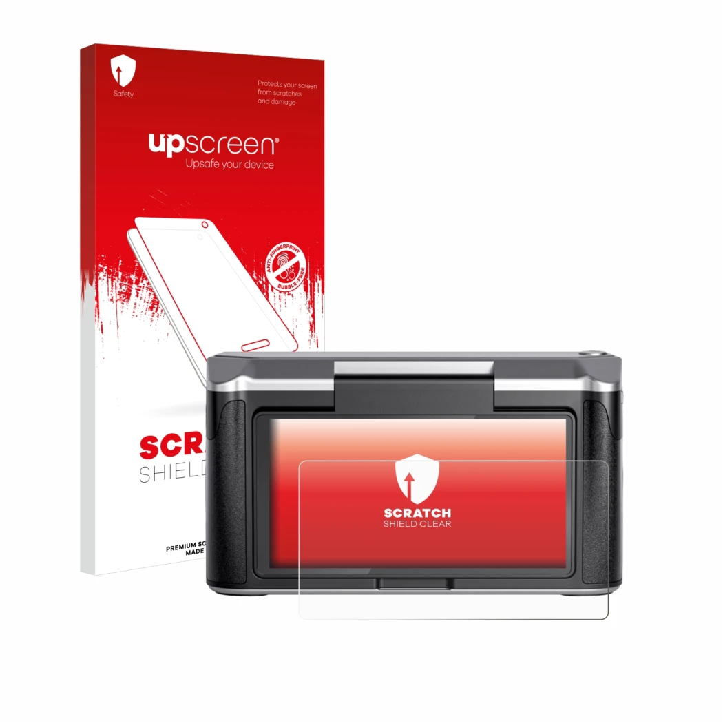 Parte frontal de un envase de producto con el logotipo de la marca upscreen. Al lado se muestra el dispositivo Revopoint Mirac