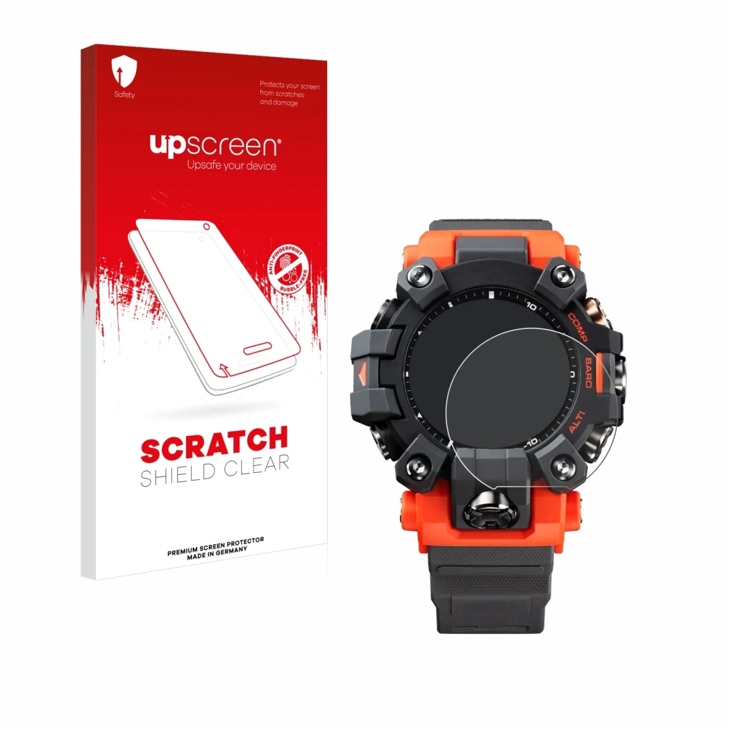 Parte frontal de un envase de producto con el logotipo de la marca upscreen. Al lado se muestra el dispositivo Casio G-Shock G