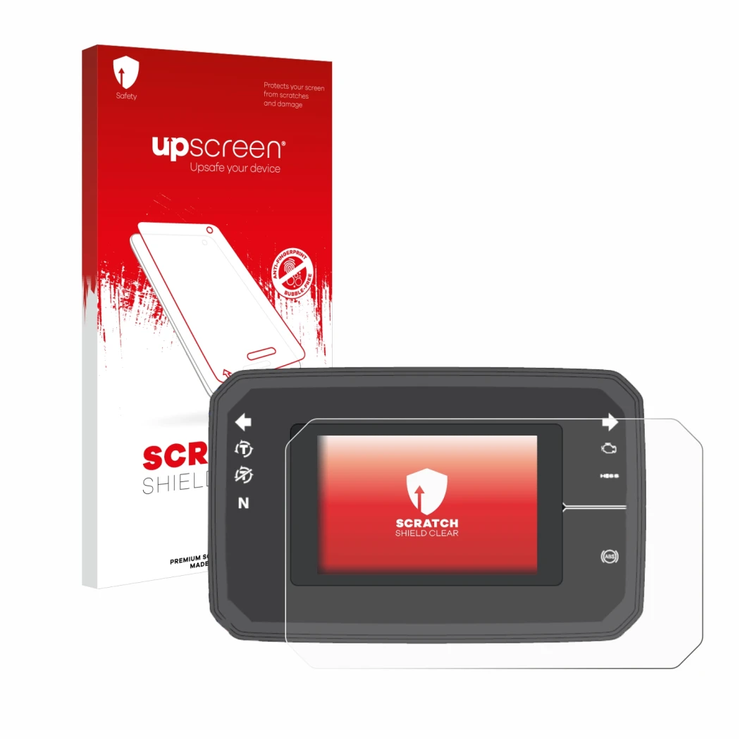 Parte frontal de un envase de producto con el logotipo de la marca upscreen. Al lado se muestra el dispositivo Honda CB650R TF