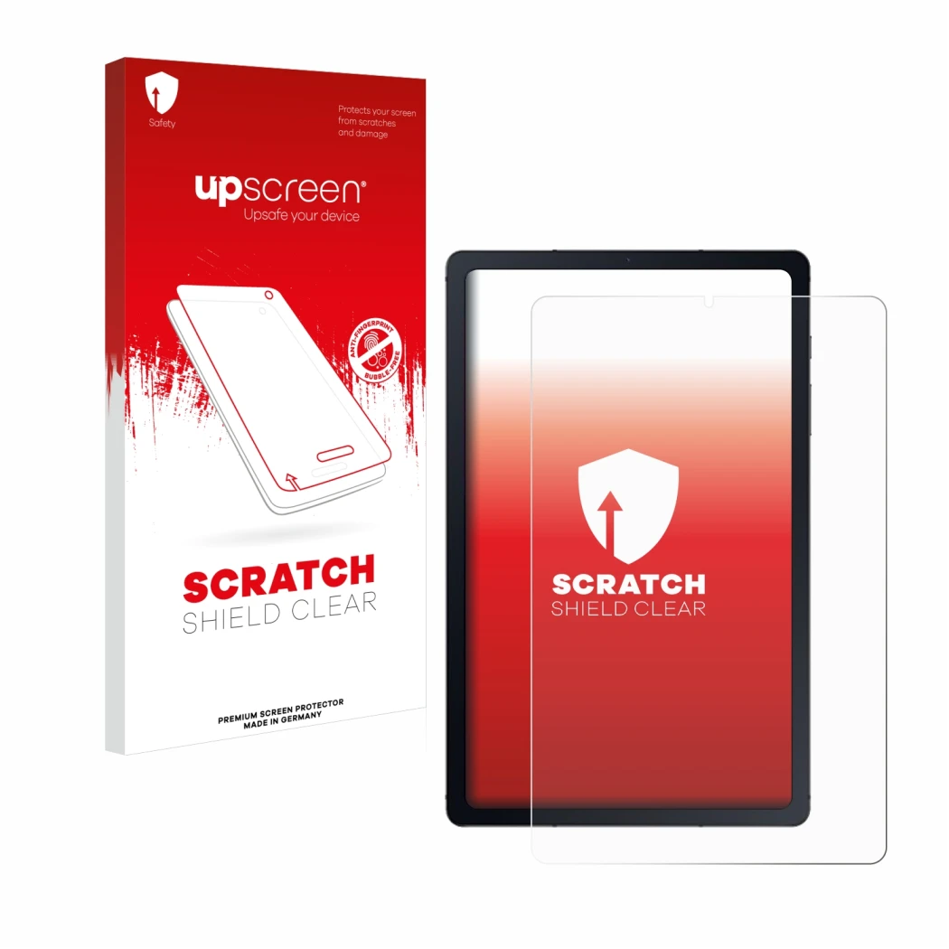 Parte frontal de un envase de producto con el logotipo de la marca upscreen. Al lado se muestra el dispositivo Samsung Galaxy 