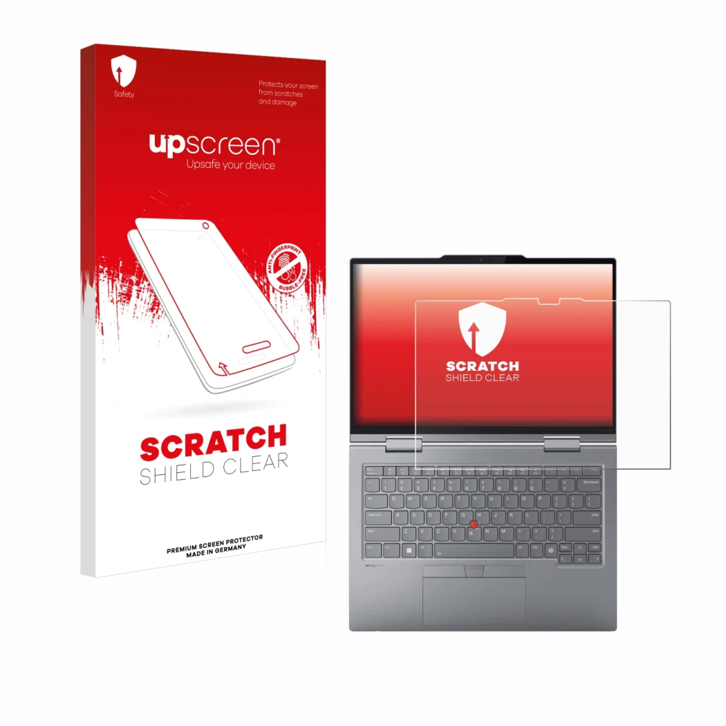 Parte frontal de un envase de producto con el logotipo de la marca upscreen. Al lado se muestra el dispositivo Lenovo ThinkPad