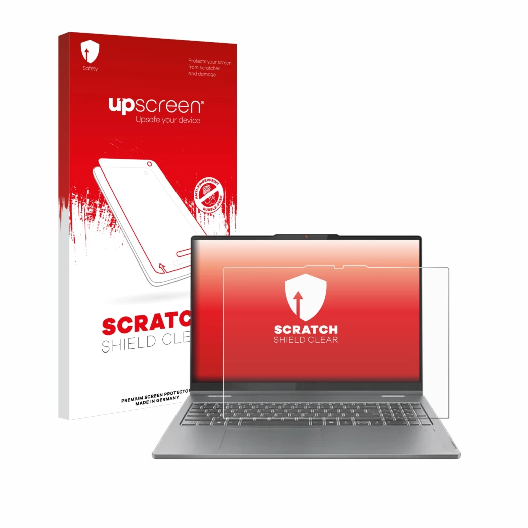 Parte frontal de un envase de producto con el logotipo de la marca upscreen. Al lado se muestra el dispositivo Lenovo IdeaPad