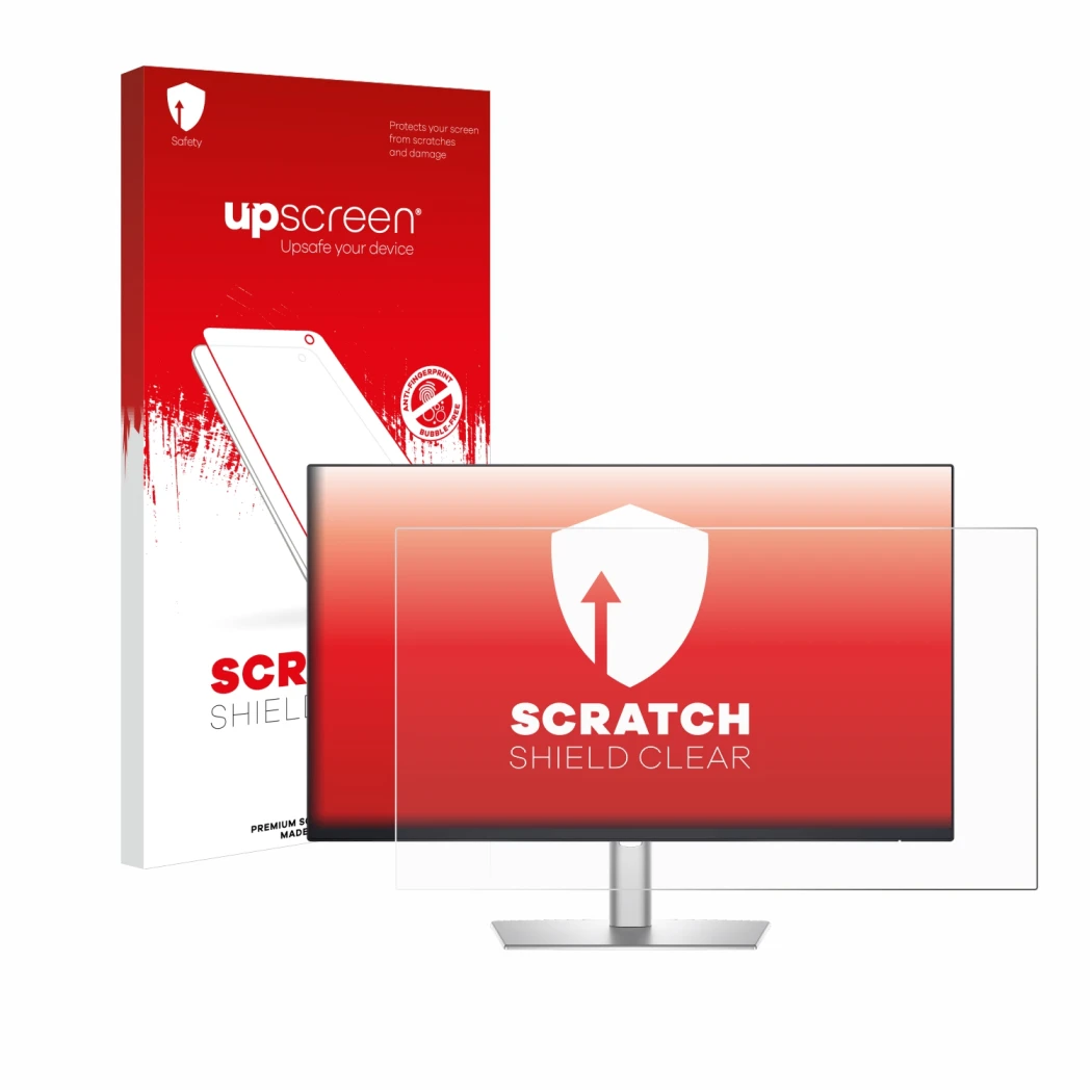 Parte frontal de un envase de producto con el logotipo de la marca upscreen. Al lado se muestra el dispositivo Dell Profession