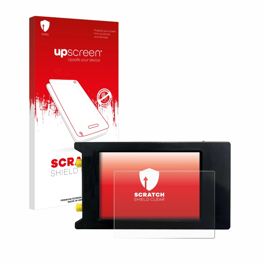 Parte frontal de un envase de producto con el logotipo de la marca upscreen. Al lado se muestra el dispositivo LiteVNA 64 con 