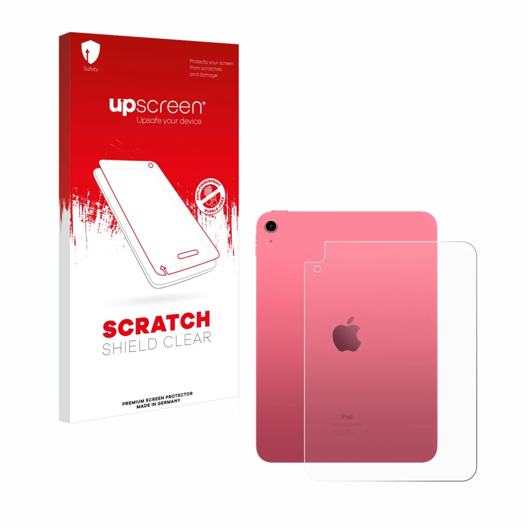 Parte frontal de un envase de producto con el logotipo de la marca upscreen. Al lado se muestra el dispositivo Apple iPad 10.9