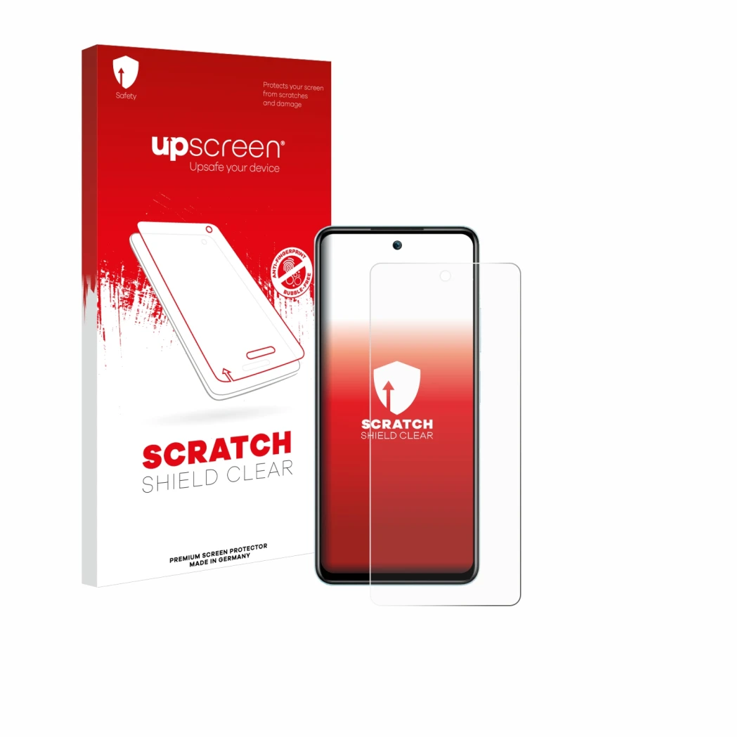 Parte frontal de un envase de producto con el logotipo de la marca upscreen. Al lado se muestra el dispositivo Itel S24 con su