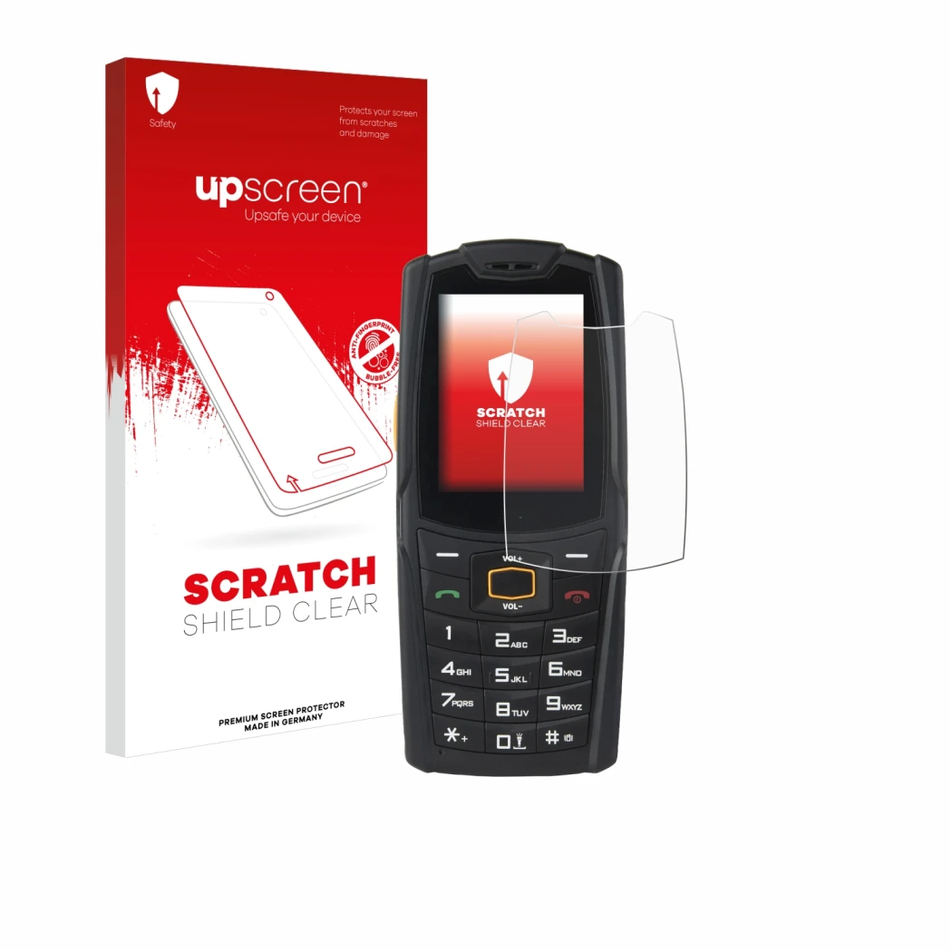 Parte frontal de un envase de producto con el logotipo de la marca upscreen. Al lado se muestra el dispositivo AGM M6 con su p