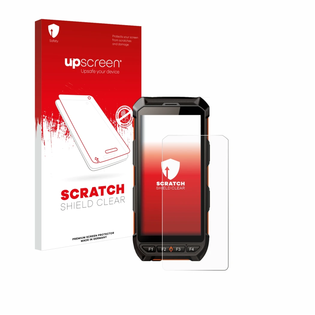 Parte frontal de un envase de producto con el logotipo de la marca upscreen. Al lado se muestra el dispositivo iDTronic C9 RED